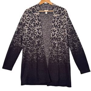 Chico's Brown Ombre Animal Print 100% Wool Sweater Cardigan Sz 2XL Cozy Cottage